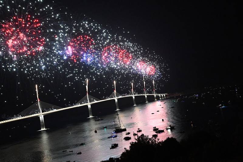 Fireworks explode as part of the opening ceremony of the newly built Peljesac Bridge in Komarna. It connects the central mainland and southern parts of the Croatian Adriatic coast to the Peljesac peninsula. AFP