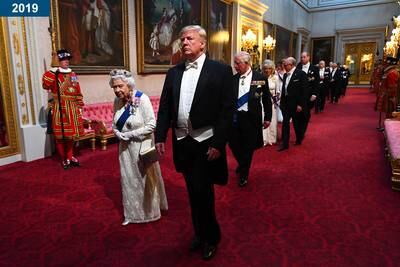 2019: The queen and US president Donald Trump arrive for a state banquet at Buckingham Palace.