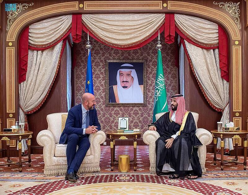 Crown Prince Mohammed bin Salman meets European Council president Charles Michel in Jeddah. SPA