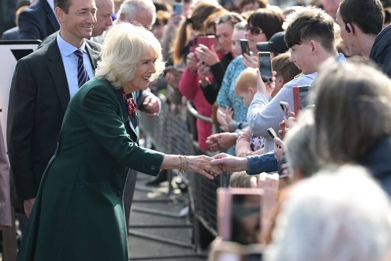 Camilla, the Duchess of Cornwall, meets and greets well-wishers during a walkabout in Cookstown. Getty Images
