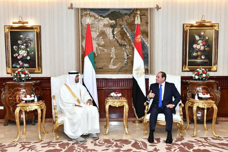 Sheikh Mohamed bin Zayed with President Abdel Fattah El Sisi at Heliopolis Palace in Cairo. AFP