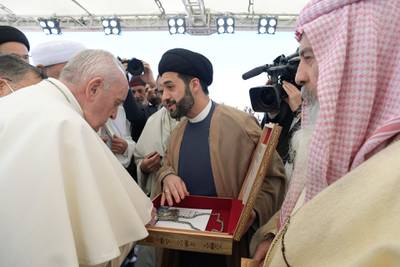 Pope Francis speaks to Iraqi religious figures during an interfaith service at the House of Abraham in the ancient city of Ur. EPA