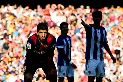 Luis Suarez of Barcelona looks on during the La Liga match against Real Sociedad on Saturday at the Camp Nou. David Ramos / Getty Images