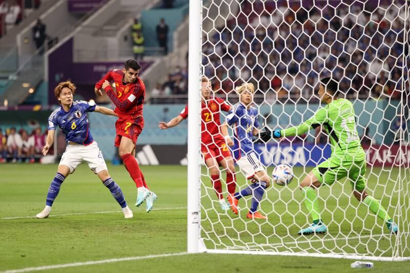 Alvaro Morata heads Spain into the lead against Japan. Getty Images