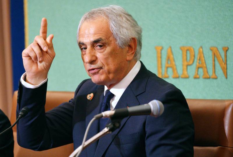 FILE - In this April 27, 2018, file photo, former Japanese national soccer coach Vahid Halilhodzic speaks during his press conference in Tokyo. Halilhodzic filed a suit on Thursday, May 24, 2018,  in Tokyo against the Japan Football Association, saying the dismissal damaged his honor and reputation.(AP Photo/Eugene Hoshiko, File)