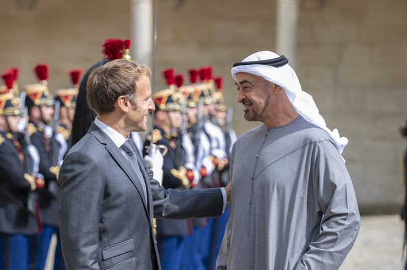 Sheikh Mohamed bin Zayed, Crown Prince and Deputy Supreme Commander of the Armed Forces, is received by French President Emmanuel Macron at Fontainebleau Palace, near Paris. Photos: Ministry of Presidential Affairs