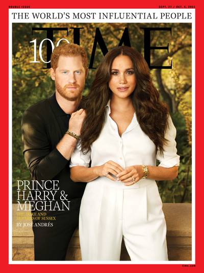 Prince Harry and Meghan appear on the cover of 'Time' magazine's 100 most influential people in the world edition, in September 2021. Reuters
