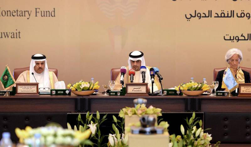 From left: Gulf Cooperation Council secretary general Abdullatif bin Rashid Al Zayani, Kuwaiti finance minister Anas Al Saleh and IMF chief Christine Lagarde during the GCC summit in Kuwait on October 25, 2014. Raed Qutena / EPA