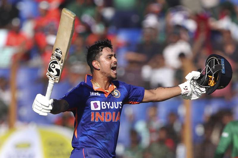 India's Ishan Kishan celebrates after scoring a double-century during the third ODI against Bangladesh in Chittagong on Saturday, December 10, 2022. AP