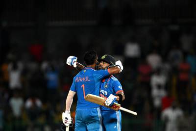 KL Rahul after scoring a century with Virat Kohli during the Asia Cup Super Four match between India and Pakistan on September 11, in Colombo, Sri Lanka. Getty Images