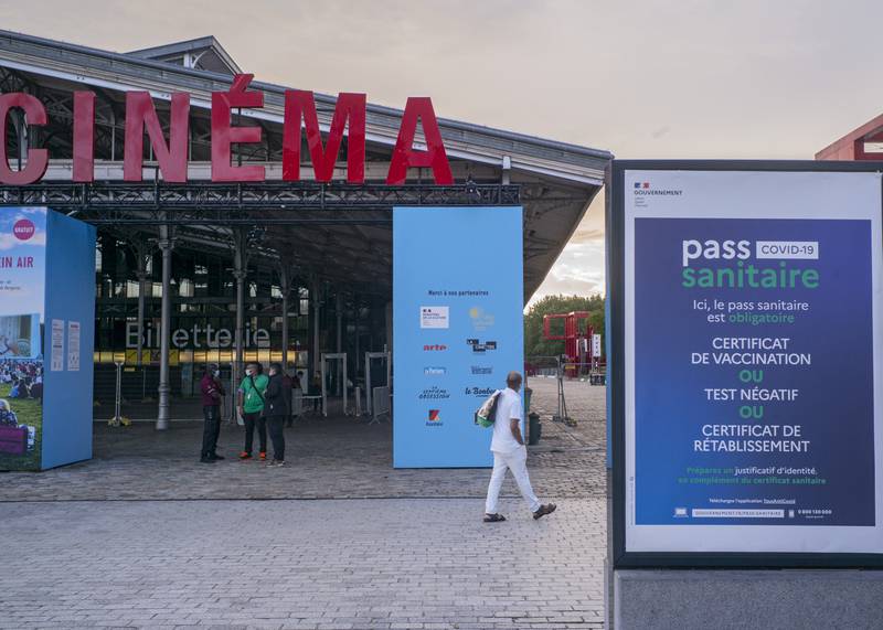A cinema in Paris. Visitors now need a Covid-19 pass to visit museums or cinemas in France, the first step in a new campaign against what the government said was a stratospheric rise in Delta variant infections.