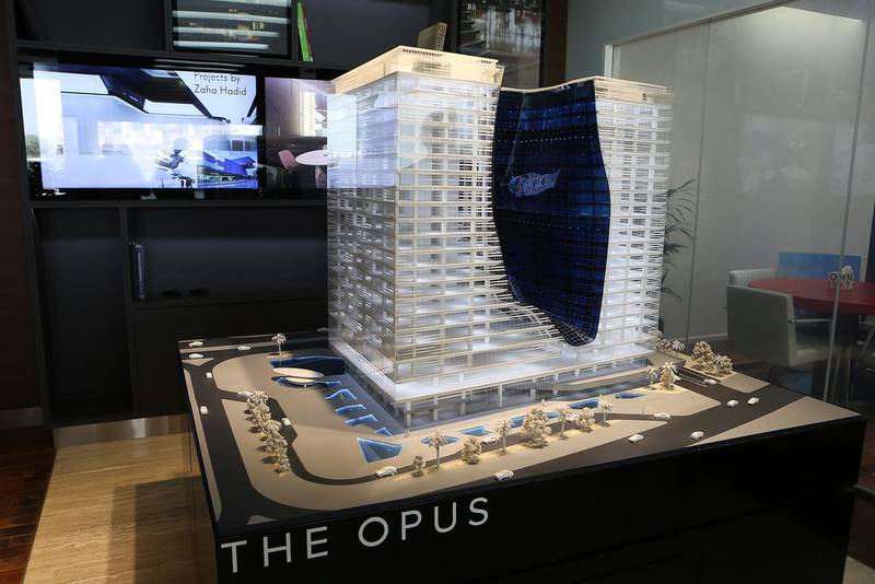 A model of the residential and hotel building The Opus by Zaha Hadid at the Omniyat Sales office in Business Bay. Pawan Singh / The National