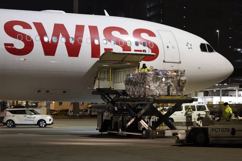 The international earthquake response at work as relief supplies from Swiss Humanitarian Aid are loaded on a plane to earthquake-hit Turkey at Zurich Airport. EPA