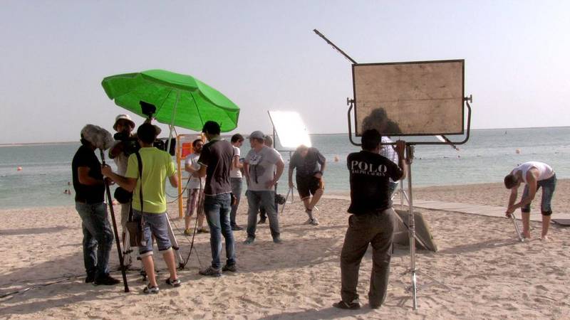 The team of Syrian hit TV drama Al Ikhwa (The Brothers) filming at a beach in Abu Dhabi. Courtesy twofour54