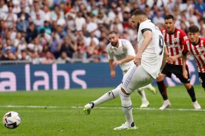 Real Madrid's striker Karim Benzema scores from the penalty spot to make it 1-1 against Athletic Club at the Bernabeu in Madrid, Spain, 04 June 2023. EPA 