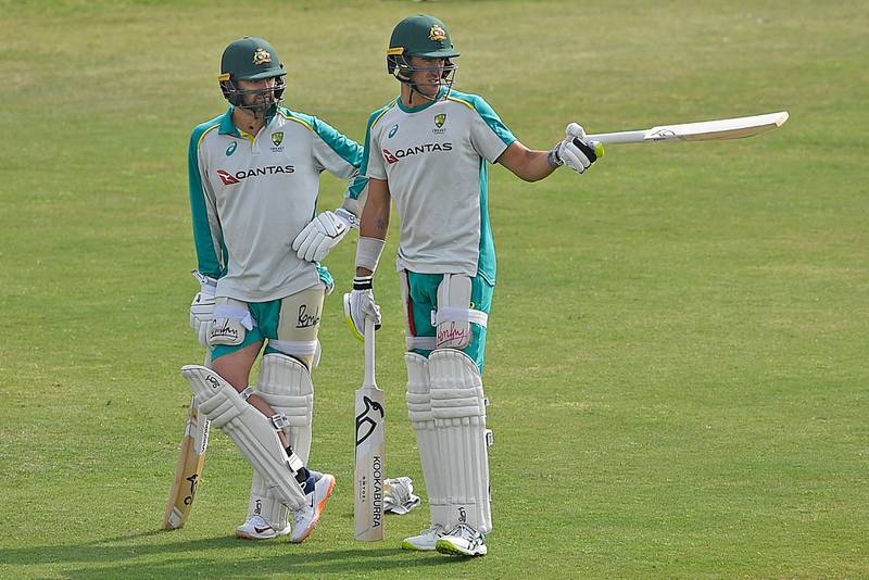 Australia's Mitchell Starc, right, and Nathan Lyon during a practice session at the Rawalpindi Cricket Stadium. AFP