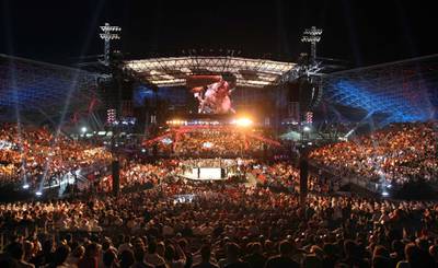 ABU DHABI. 10th April 2010. UFC. YAS ISLAND.  The scene at the specially  built arena next to Ferrari World on Yas Island last night(sat) during the second fight between  Paul Kelly and  Matt Veach . Stephen  Lock   /  The National  