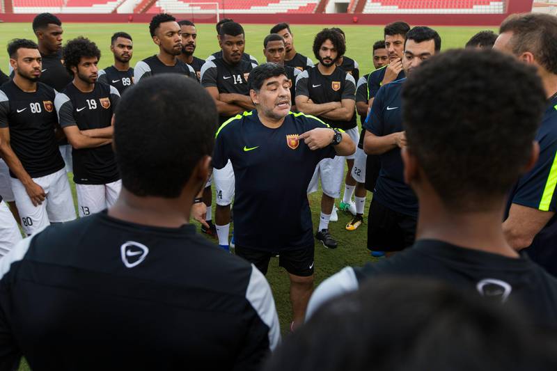 Fujairah, United Arab Emirates, July 15, 2017:    Football legend Diego Maradona is introduced as the new head coach of Fujairah football club of UAE's division one at the Fujairah stadium in Fujairah on July 15, 2017. Christopher Pike / The NationalReporter: John McAuleySection: SportKeywords: 