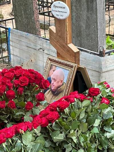 A portrait on the grave of Wagner Group chief Yevgeny Prigozhin at Porokhov cemetery in St  Petersburg, Russia. EPA