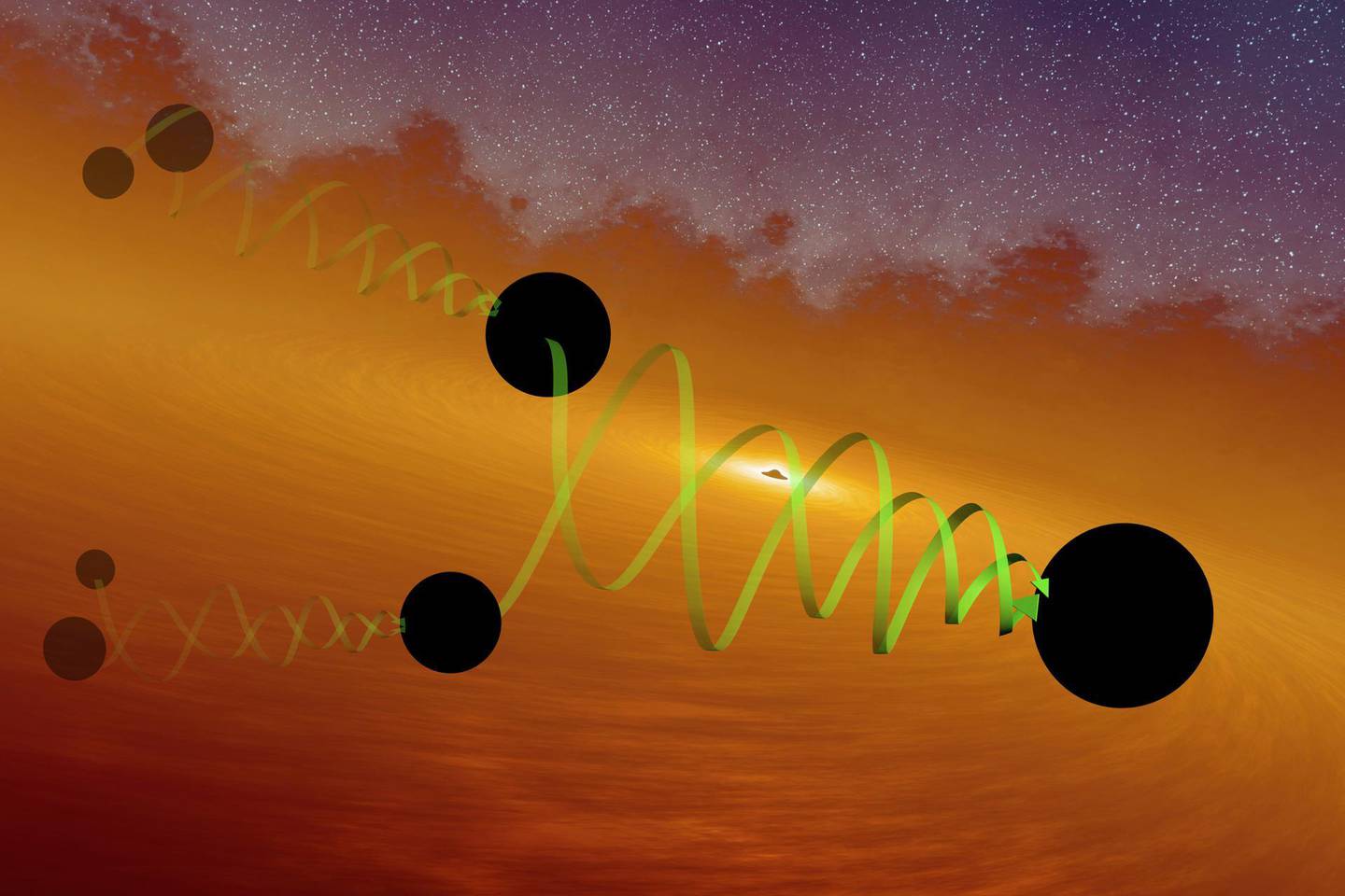 This illustration provided by LIGO/Caltech in September 2020 depicts two black holes of about 66 and 85 solar masses spiralling into each other to form the GW190521 black hole. Gravitational waves from the merger were detected by the LIGO and Virgo observatories in May 2019. (LIGO/Caltech/MIT/R. Hurt (IPAC) via AP)