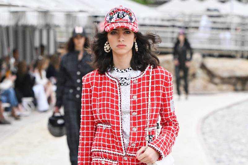 Chanel tweed jacket with red Hermes garden party