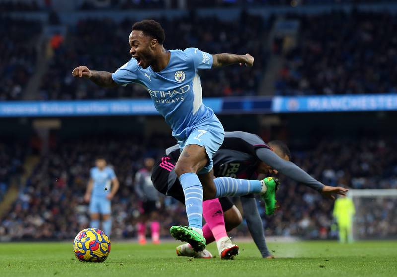 Leicester midfielder Youri Tielemans fouls Manchester City's Raheem Sterling in the area to concede a penalty. PA