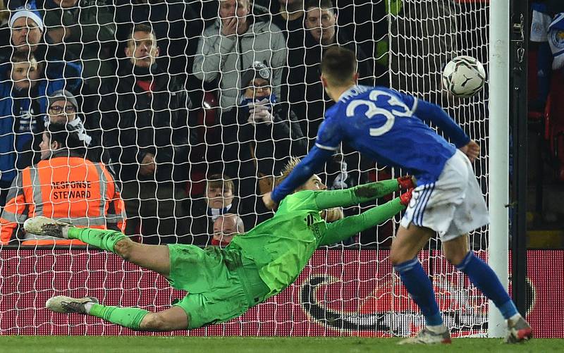 LIVERPOOL RATINGS: Caoimhin Kelleher - 7

The Irishman made a good stop from Daka but might have done better for Vardy’s opener. He rose to the challenge in the penalty shootout and made two huge saves. AFP