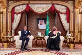 US Secretary of State Antony Blinken with Saudi Crown Prince Mohammed bin Salman in Jeddah on Wednesday. Reuters