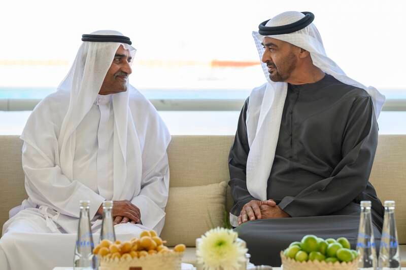 President Sheikh Mohamed with Sheikh Hamad bin Mohammed Al Sharqi, Ruler of Fujairah, in Abu Dhabi. Photo: Presidential Court