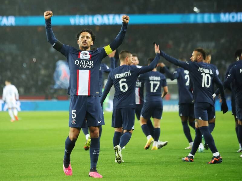 Marquinhos celebrates after scoring the opening goal for PSG. EPA
