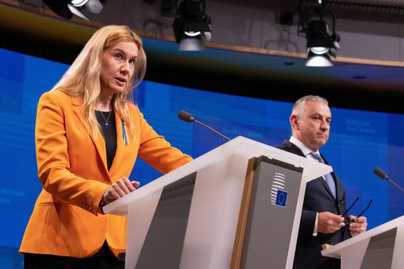 Kadri Simson, European Union's energy commissioner, left, and Jozef Sikela, Czech Republic's industry minister, during a news conference after a meeting of energy ministers of the European Union on Friday, Sept.  9, 2022.