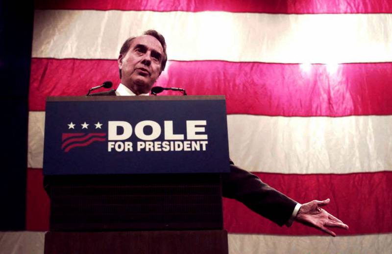 At a 'Dole For President' rally in the Orpheum Theatre in Sioux Falls, South Dakota, in February 1996. AFP
