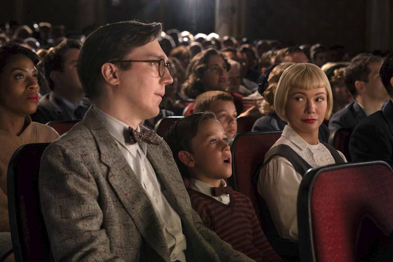 Paul Dano, Mateo Zoryon Francis-DeFord and Michelle Williams in a scene from The Fabelmans. AP