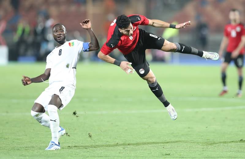 Naby Keita (L) of Guinea in action against Egyptian players Emam Ashour (R) during the Africa Cup of Nations (AFCON) qualifying soccer match between Egypt and Guinea in Cairo, Egypt. EPA