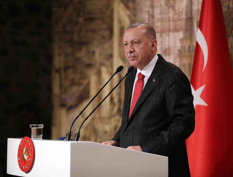 A handout photo released by the Turkish President's press office shows Turkish President Tayyip Erdogan talking to media in Istanbul on October 18, 2019.  RESTRICTED TO EDITORIAL USE - MANDATORY CREDIT "AFP/TURKISH PRESIDENTIAL PRESS OFFICE " - NO MARKETING NO ADVERTISING CAMPAIGNS - DISTRIBUTED AS A SERVICE TO CLIENTS
 / AFP / TURKISH PRESIDENTIAL PRESS OFFICE  / STRINGER / RESTRICTED TO EDITORIAL USE - MANDATORY CREDIT "AFP/TURKISH PRESIDENTIAL PRESS OFFICE " - NO MARKETING NO ADVERTISING CAMPAIGNS - DISTRIBUTED AS A SERVICE TO CLIENTS
