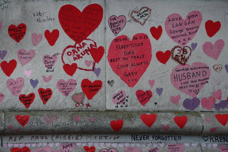 A section of the National Covid Memorial Wall – a dedication of thousands of hand-painted hearts and messages commemorating victims of the Covid-19 pandemic. Reuters