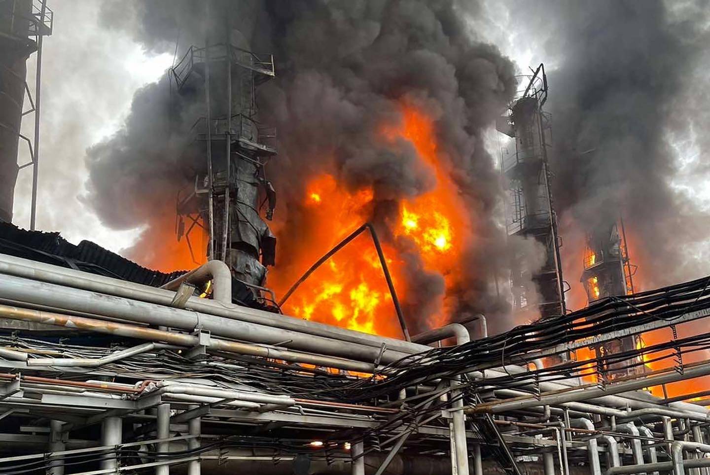 A handout picture released by the Russian Emergency Ministry on August 6, 2021, shows a fire at a Gazprom gas condensate plant near the city of Novy Urengoy in Western Siberia. AFP