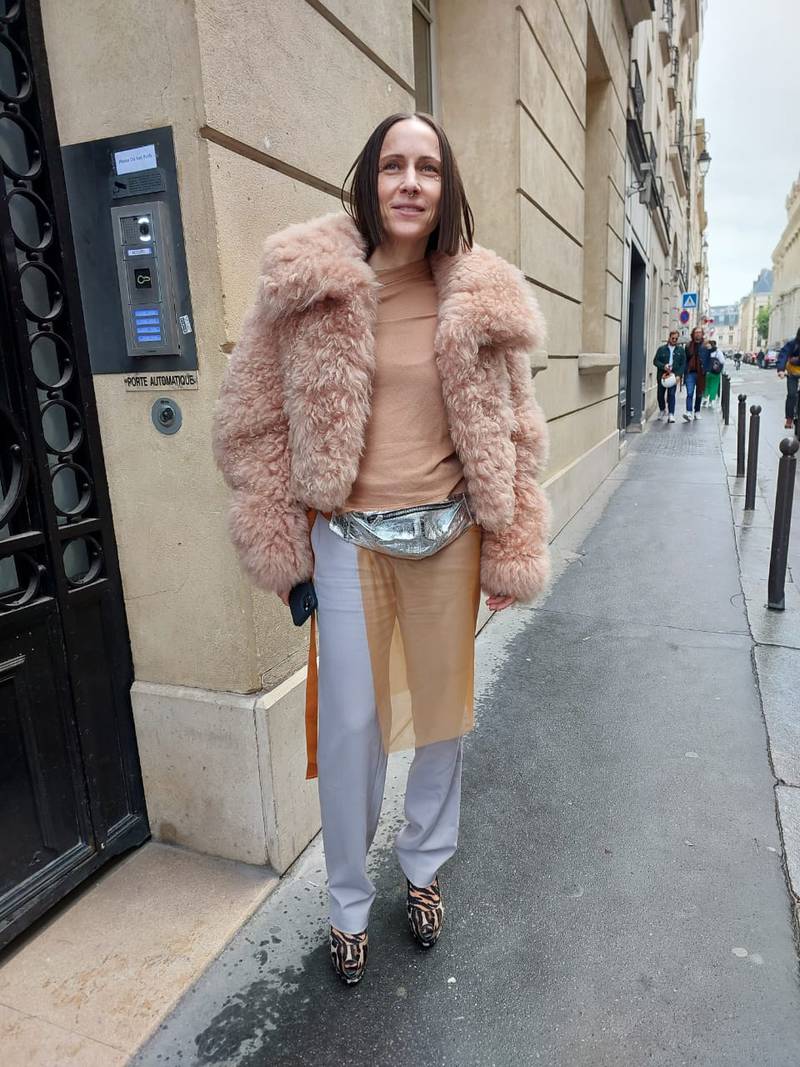 Spotted on Boulevard de la Tour-Maubourg, a sheer apron worn over jeans.