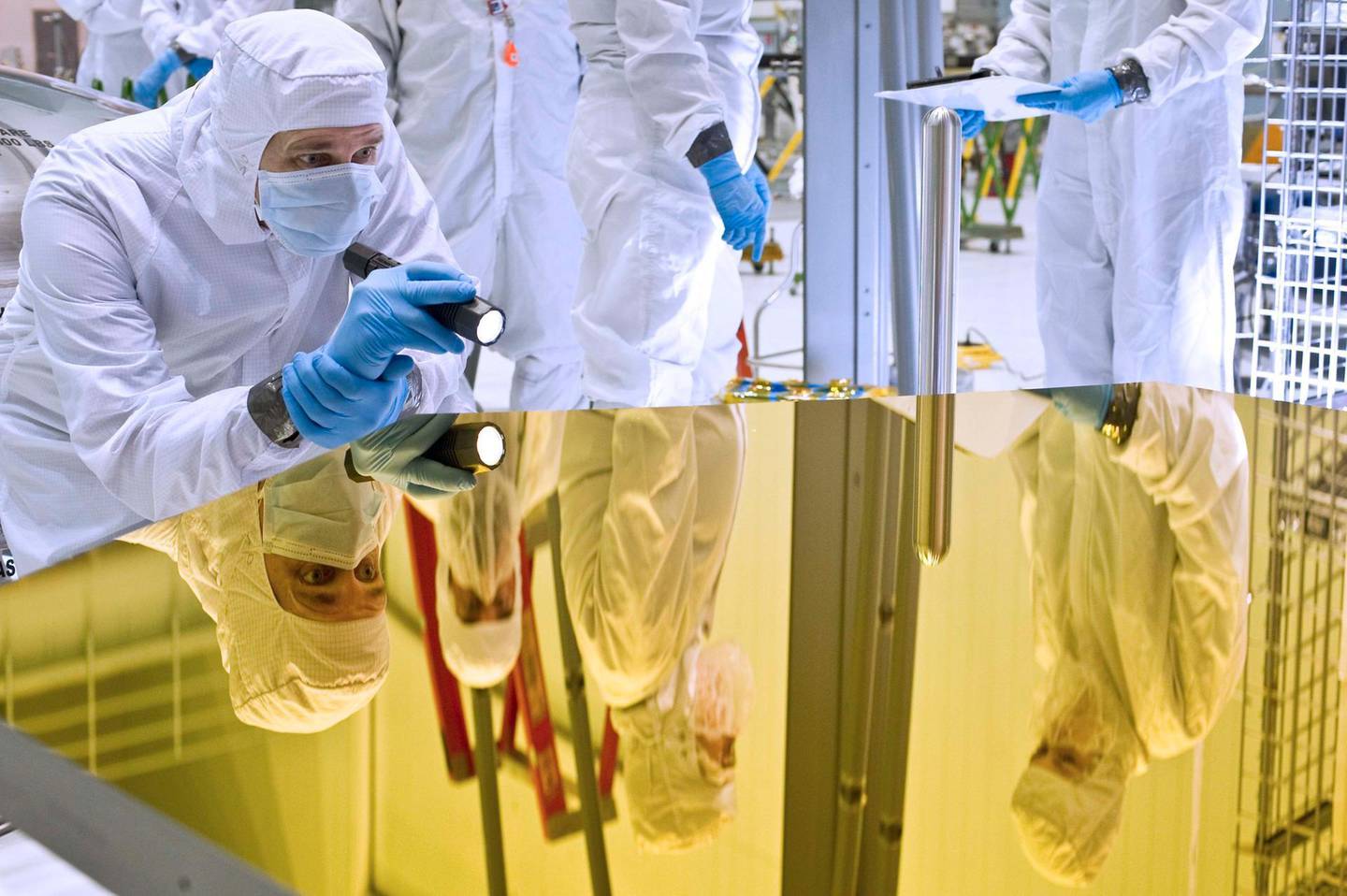 The huge mirror on the James Webb Space Telescope has thin gold coating on it to help reflect infrared light into the cameras more efficiently. Nasa 