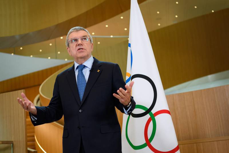 International Olympic Committee (IOC) President Thomas Bach delivers a statement on the COVID-19 situation during a meeting of the executive board at the IOC headquarters in Lausanne on March 3, 2020.   The COVID-19 which has already killed more than 3000 people in the World will be at the center of a meeting of the International Olympic Committee (IOC) on March 3 and 4, 2020 in Lausanne less than five months before the opening ceremony of the Olympics in Tokyo. / AFP / Fabrice COFFRINI
