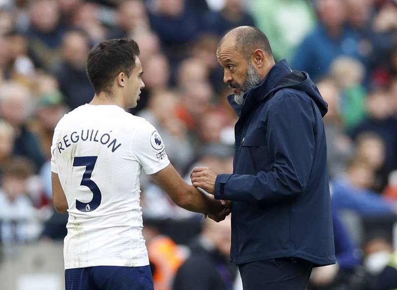 Tottenham Hotspur manager Nuno Espirito Santo speaks to Sergio Reguilon after he was substituted during the defeat to West Ham. Getty