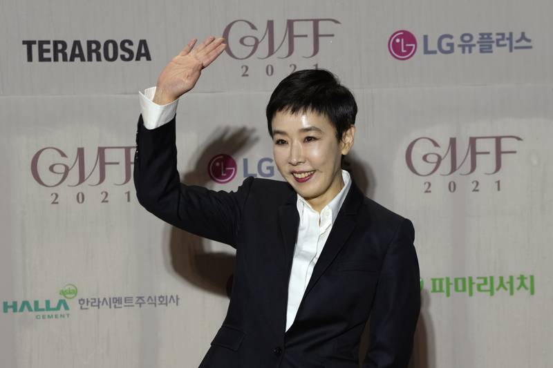 South Korean actress Kang Soo-youn, who has died at the age of 55, waves on the red carpet at the 2021 Gangneung International Film Festival in Gangneung, South Korea. AP Photo