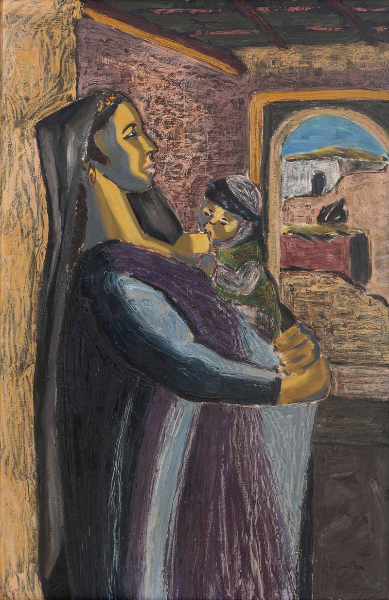 Inji Efflatoun's 'Motherhood', c.1950s, which shows a mother breastfeeding her child. Barjeel Art Foundation
