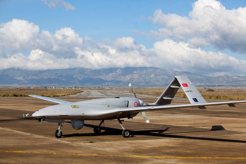 A Turkish-made Bayraktar TB2 drone at Gecitkale military airbase near Famagusta. AFP