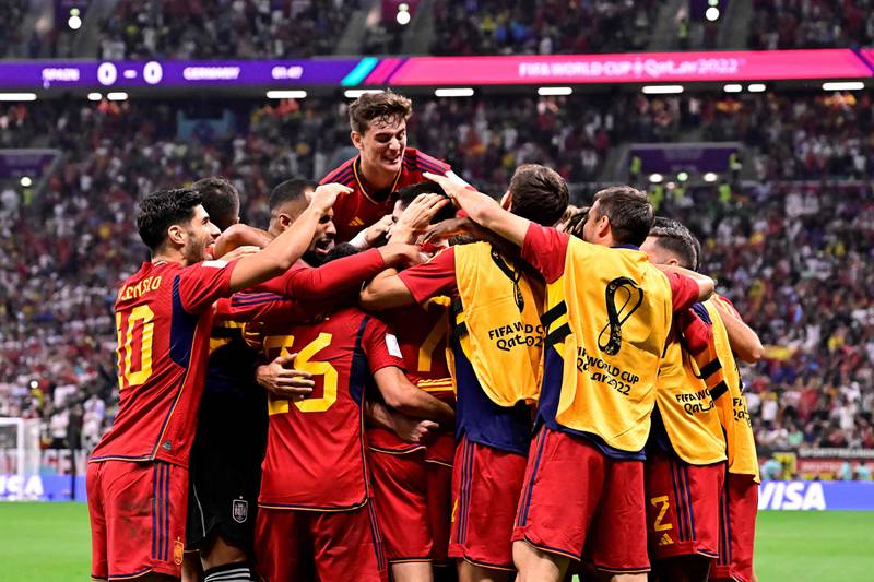 Spain's players celebrate after Spain's forward #07 Alvaro Morata scored their team's first goal. AFP