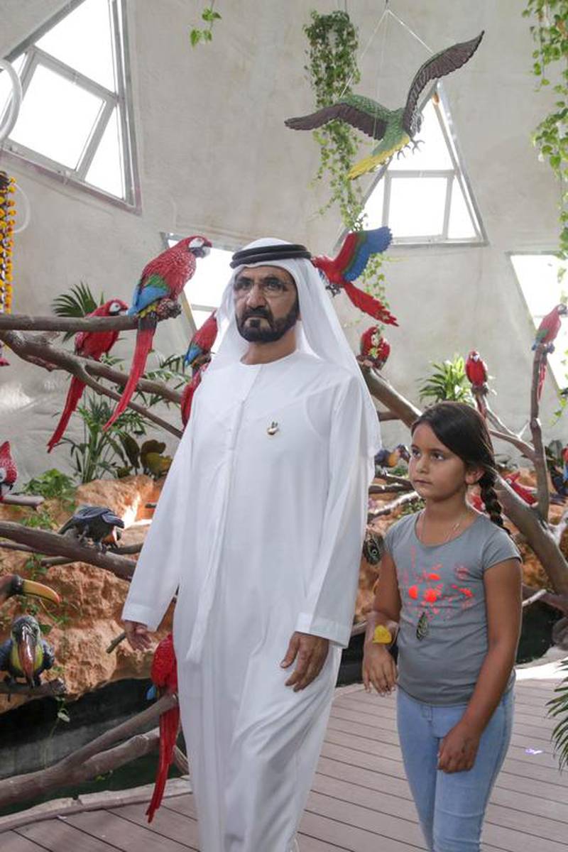 Sheikh Mohammed bin Rashid tours the Dubai Butterfly Garden which includes custom built domes and a butterfly museum with his daughter.