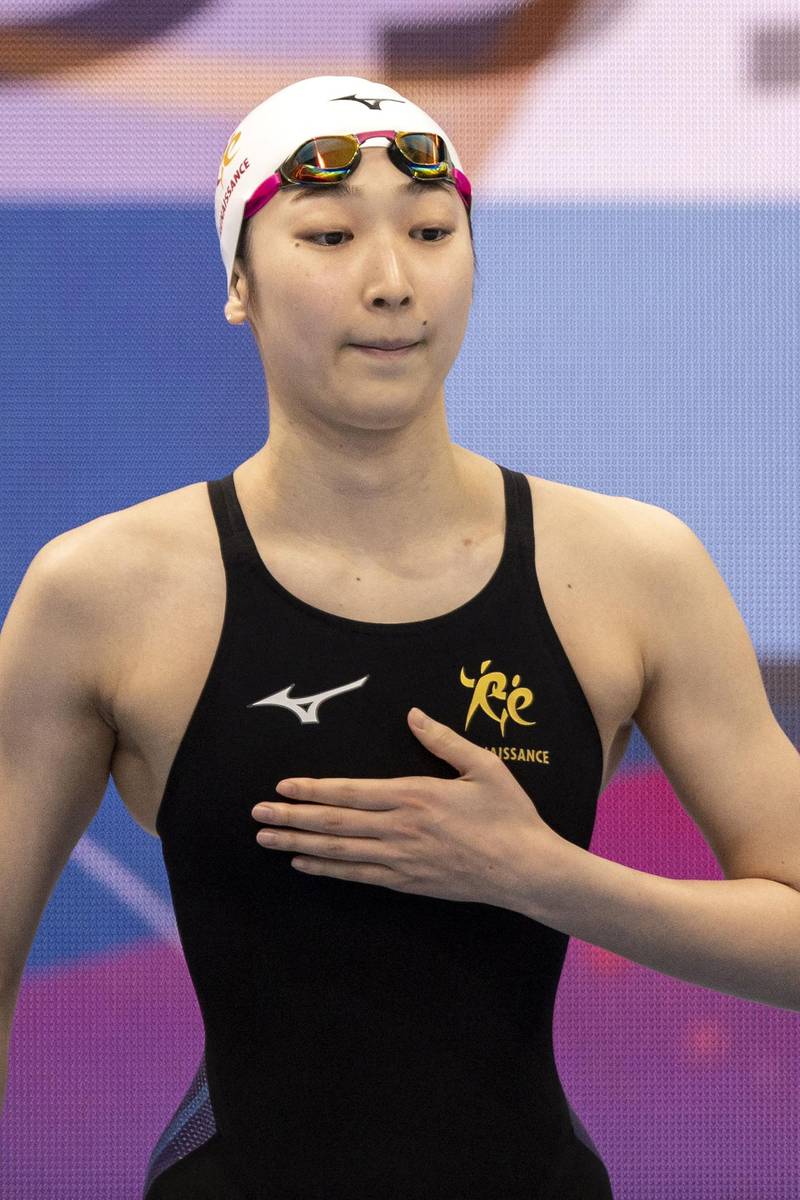 Rikako Ikee reacts after winning the 100m butterfly final during the Japan National Swimming Championships. She thus qualified for the 4x100 medley relay at this summer's Games. AFP