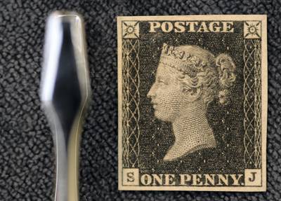 LONDON, ENGLAND - NOVEMBER 18:  An 1840 Penny Black stamp, 1d. Black Plate 1A Imprimatur from the Proof Sheet is displayed at Sotheby's auction house on November 18, 2010 in London, England. The stamp is one of 2185 pieces and is expected to fetch between £15 - £18 thousand GBP. Included in the lot are stamps, envelopes and postcards, which make up 'The Great Britain Philatelic Collections of Lady Mairi Bury', and will go on sale over three days at Sotheby's Auction house between November 24 -26 where it is expected to fetch in excess of 2.6 Million GBP.  (Photo by Dan Kitwood/Getty Images)