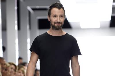 New Saint Laurent creative director Anthony Vaccarello appears on the runway at the Versus show during London Fashion Week Spring/Summer 2016. (Photo by Ian Gavan/Getty Images)