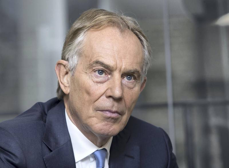 LONDON 19th October 2017. Former UK Prime Minister Tony Blair in his office in London as he is interviewed by Mina al-Oraibi, Editor in Chief of The National and London Bureau Chief Damien McElroy.  Stephen Lock for the National 